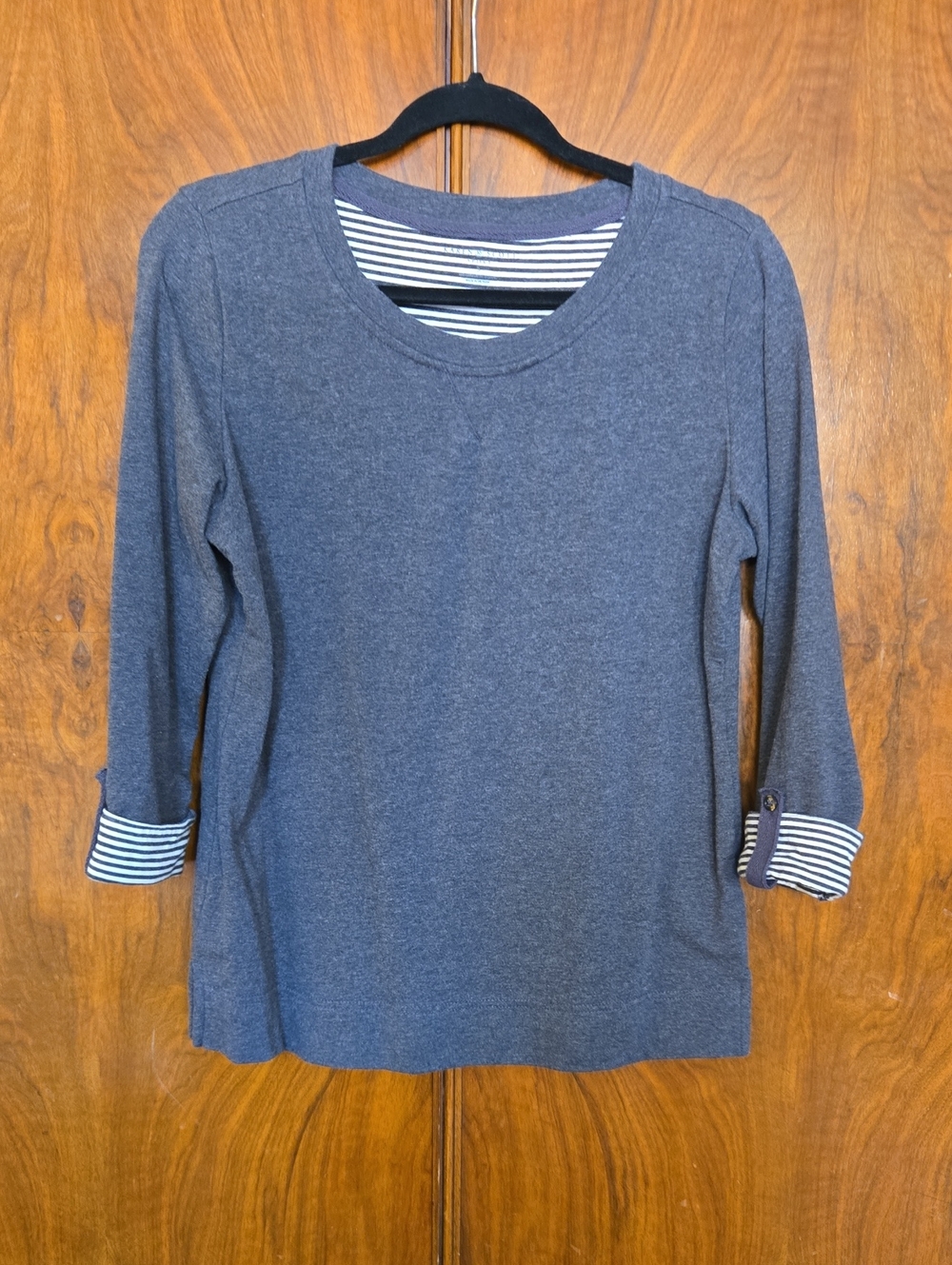 Karen Scott Navy Layered-Look Long Sleeve Top with Striped Trim